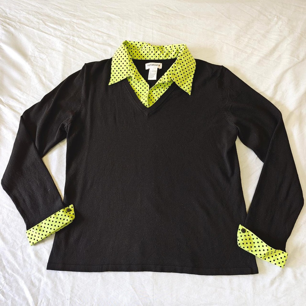 Notations Vintage Y2K Faux Layered Sweater L Black Lime Green Polka Dot Office